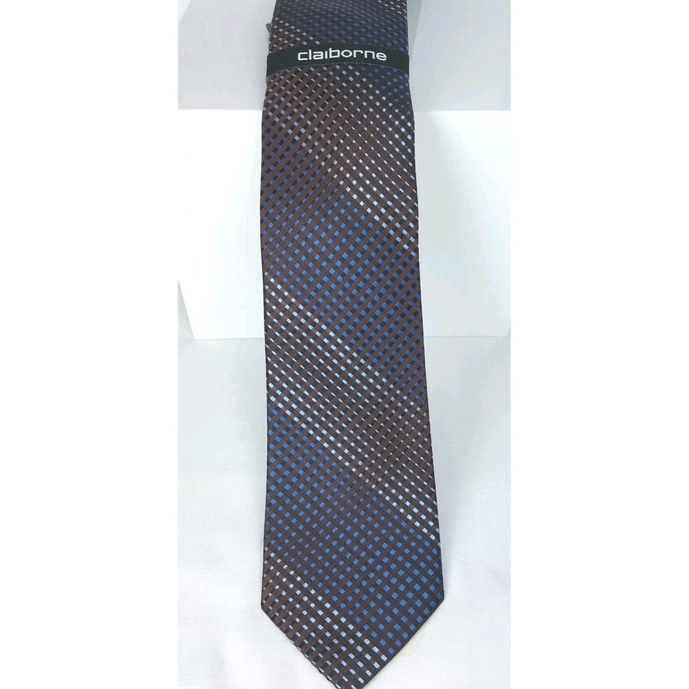 New CLAIBORNE Mens‎ 100% Silk Necktie Blue Brown Geometric Modern 3" Wide